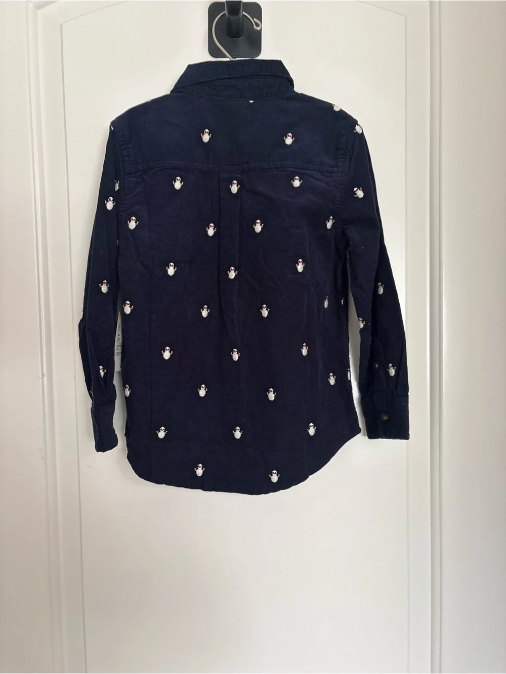 Kids Navy Corduroy Button-Up Shirt with winter Penguin Embroidery
